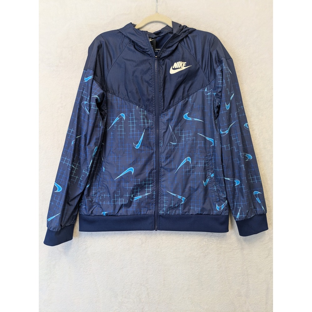 Nike Kid's‎ Size XL Hooded Windbreaker Jacket Navy Blue Swoosh Print